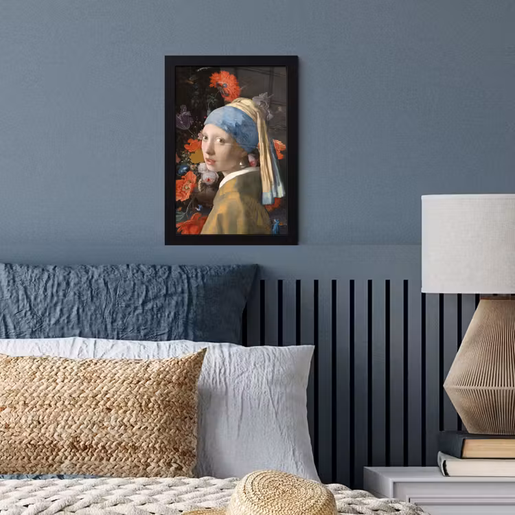 Meisje met de parel - Johannes Vermeer - Bloemen fotolijst zwart zonder passe partout klein -sfeer3