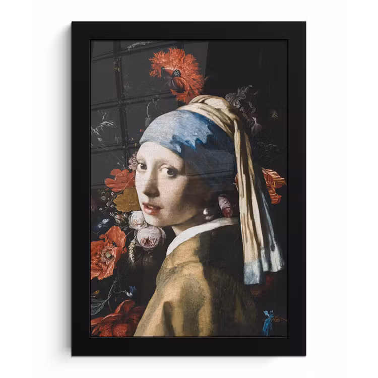 Meisje met de parel - Johannes Vermeer - Bloemen - Rood fotolijst zwart zonder passe partout klein -3d