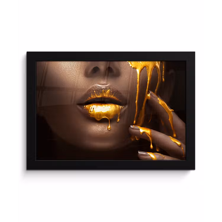 Goud - Vrouw - Verf - Lippen - Luxe fotolijst zwart zonder passe partout klein -3d