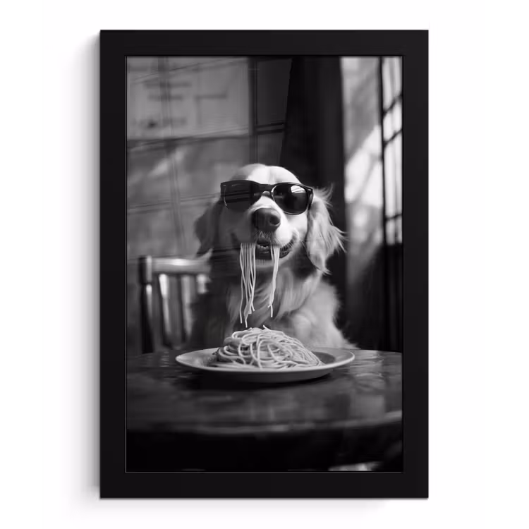 Golden Retriever - Hond - Vrolijk -  Bord spaghetti - Zwart - wit fotolijst zwart zonder passe partout klein -3d