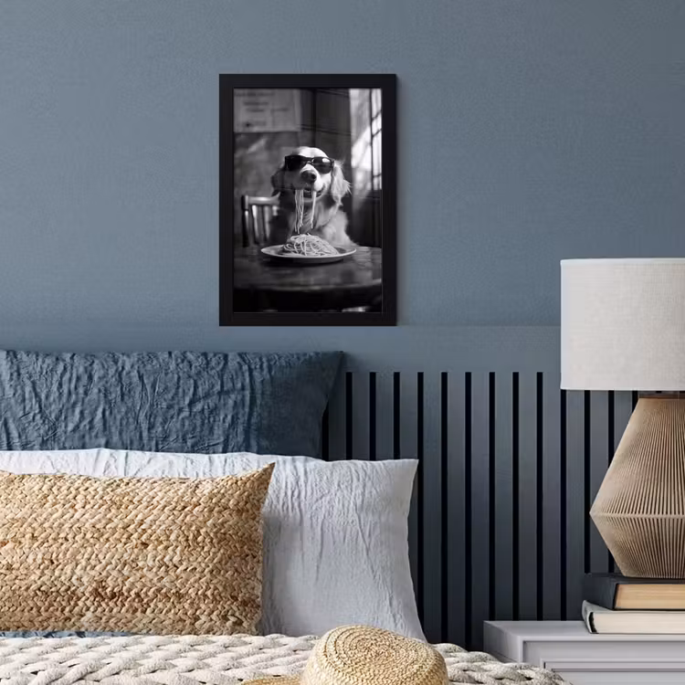 Golden Retriever - Hond - Vrolijk -  Bord spaghetti - Zwart - wit fotolijst zwart zonder passe partout klein -sfeer3