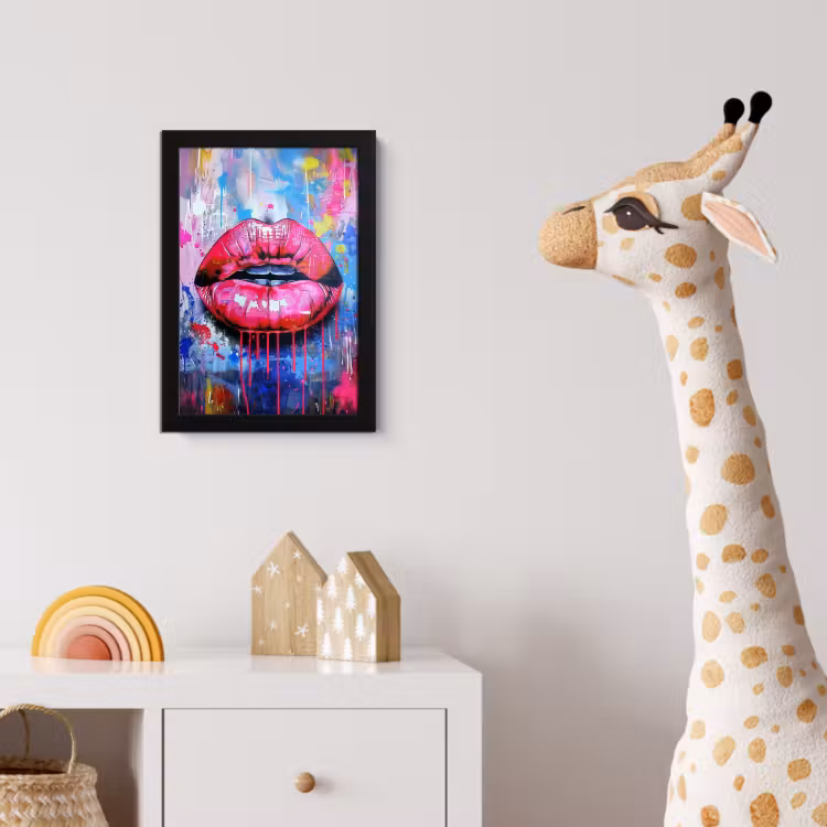Graffiti - Lippen - Felroze - Geschilderd fotolijst zwart zonder passe partout klein -usfeer4_kinderkamer