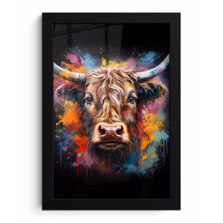 Graffiti - Schotse hooglander - Zwart - Koe fotolijst zwart zonder passe partout klein -3d