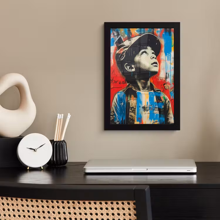 Graffiti - Vintage - Jongen - Street art - Neon - Banksy fotolijst zwart zonder passe partout klein -sfeer1