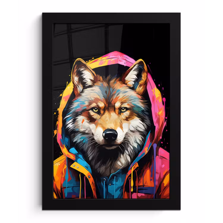 Graffiti - Wolf - Jas - Zwart fotolijst zwart zonder passe partout klein -3d