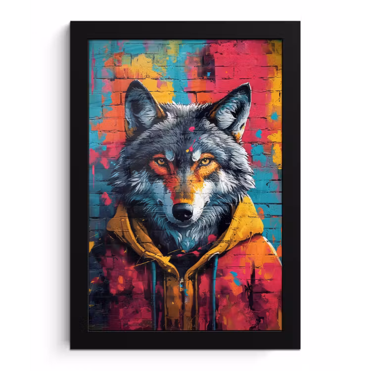 Graffiti - Wolf - Street art - Blauw fotolijst zwart zonder passe partout klein -3d
