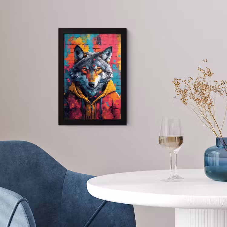 Graffiti - Wolf - Street art - Blauw fotolijst zwart zonder passe partout klein -sfeer4