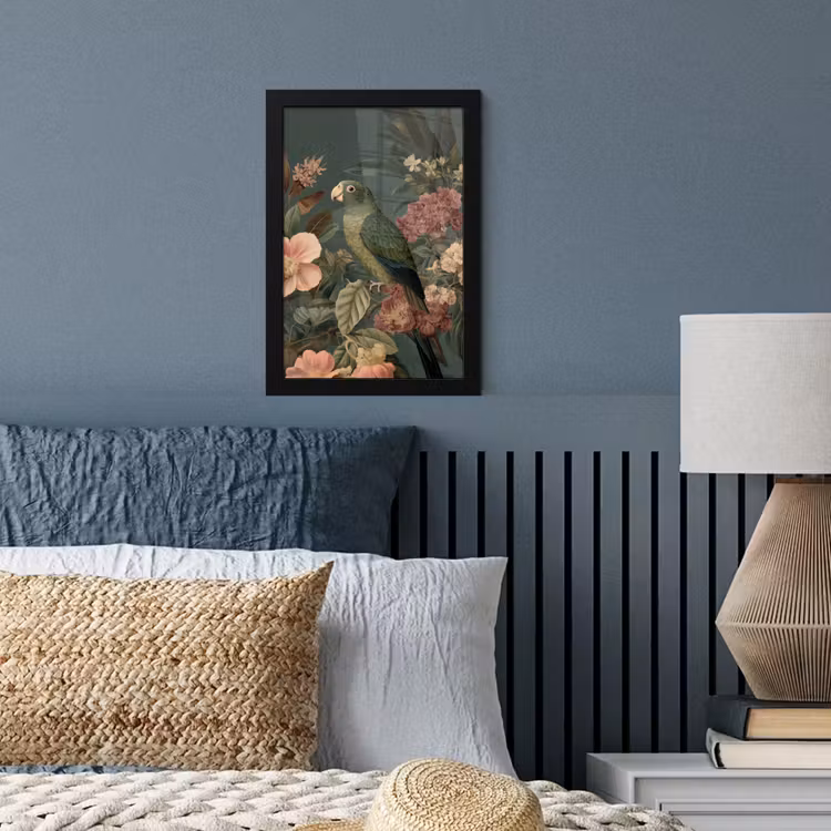 Groene papegaai - Kleurrijke bloemen - Donkere achtergrond fotolijst zwart zonder passe partout klein -sfeer3