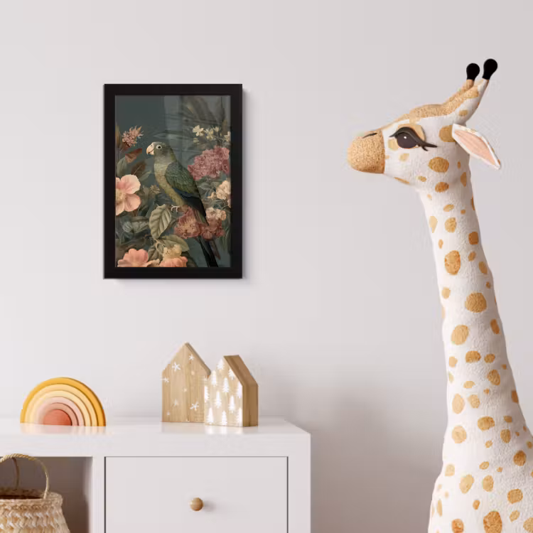 Groene papegaai - Kleurrijke bloemen - Donkere achtergrond fotolijst zwart zonder passe partout klein -usfeer4_kinderkamer