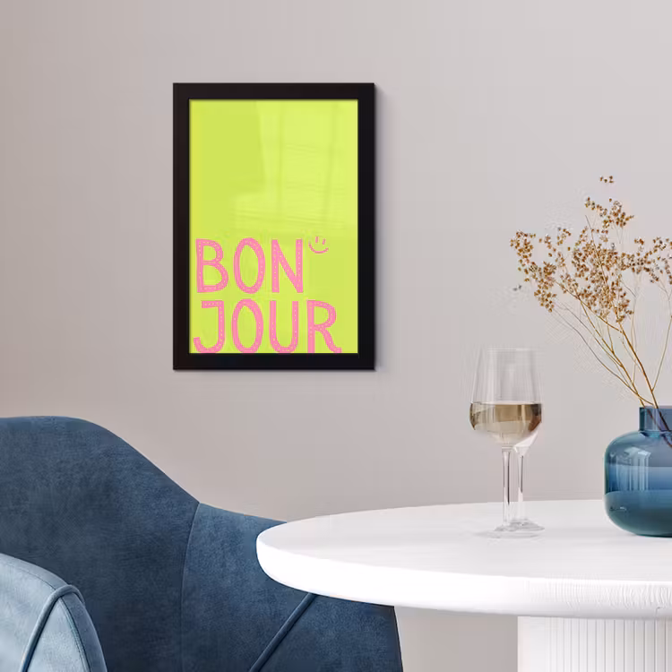 Groen - Smiley - Bonjour - Roze fotolijst zwart zonder passe partout klein -sfeer4