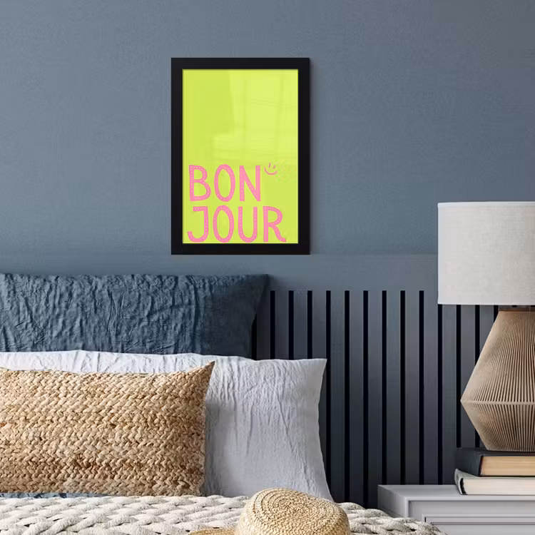 Groen - Smiley - Bonjour - Roze fotolijst zwart zonder passe partout klein -sfeer3