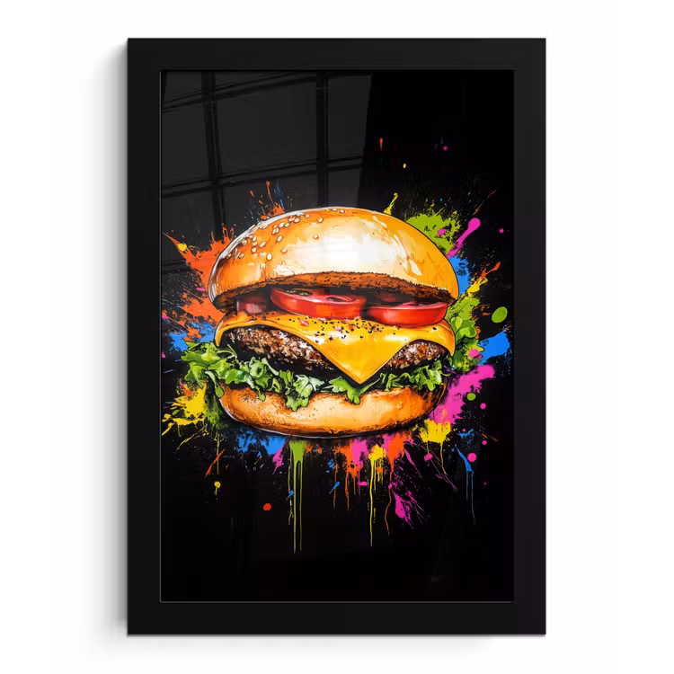 Hamburger - Graffiti - Verf - Kleurrijk - Eten - Abstract fotolijst zwart zonder passe partout klein -3d