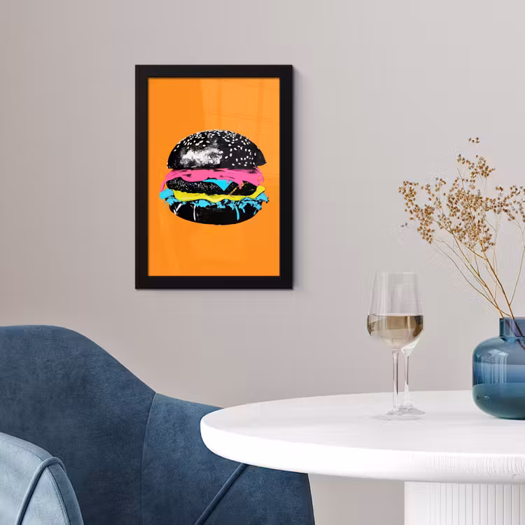 Hamburger - Oranje - Neon - popart fotolijst zwart zonder passe partout klein -sfeer4