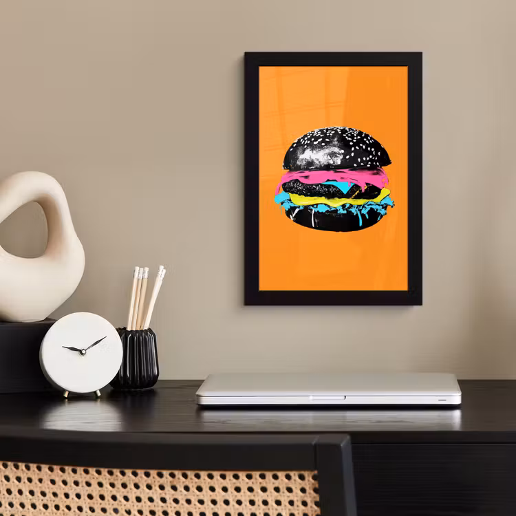 Hamburger - Oranje - Neon - popart fotolijst zwart zonder passe partout klein -sfeer1