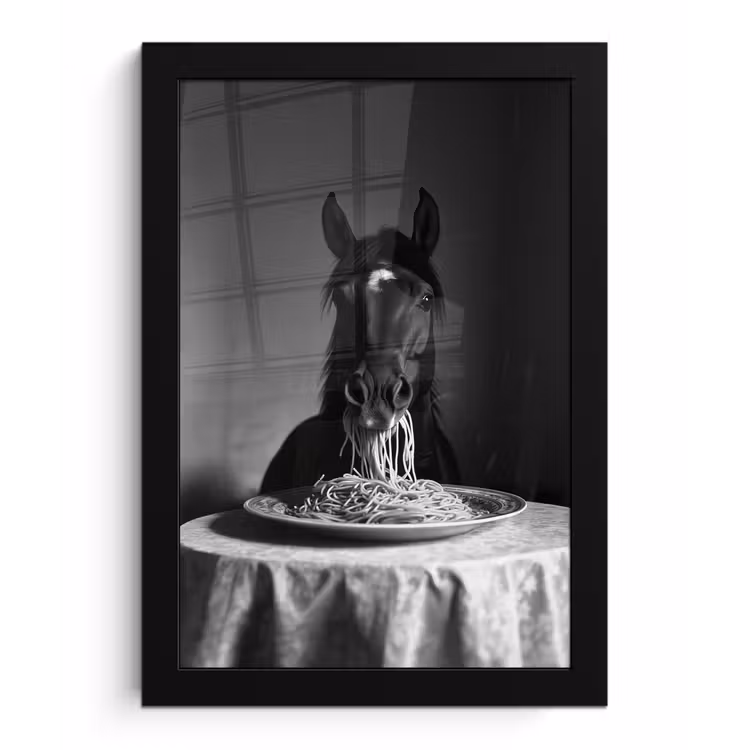 Paard - Bord - Pasta - Tafelkleed - Zwart Wit - Dieren fotolijst zwart zonder passe partout klein -3d