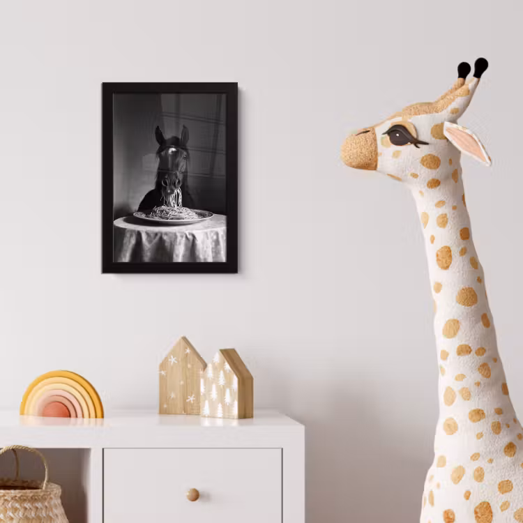 Paard - Bord - Pasta - Tafelkleed - Zwart Wit - Dieren fotolijst zwart zonder passe partout klein -usfeer4_kinderkamer