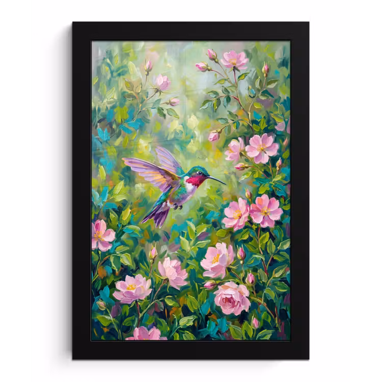 Kolibrie - Bloemen - Natuur - Kleurrijk fotolijst zwart zonder passe partout klein -3d