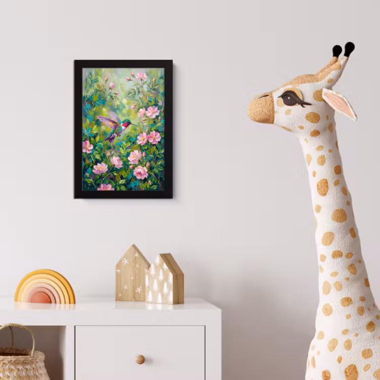Kolibrie - Bloemen - Natuur - Kleurrijk fotolijst zwart zonder passe partout klein -usfeer4_kinderkamer