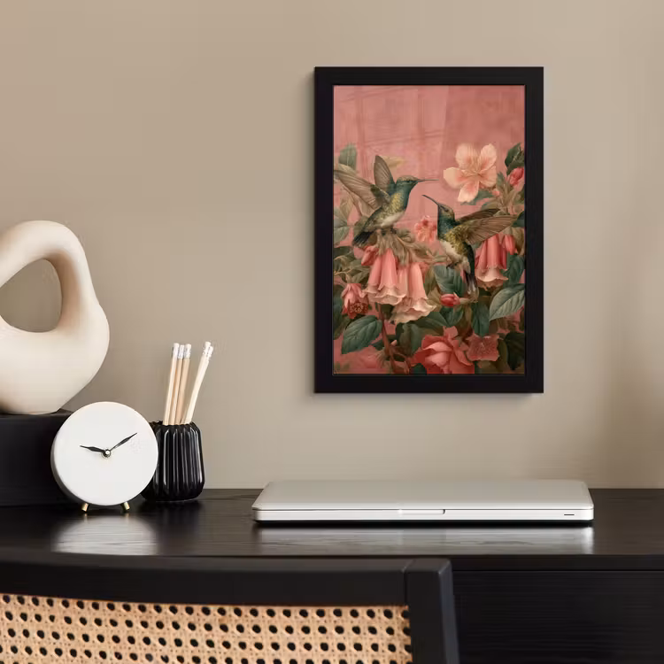 Kolibries - Bloemen - Groen - Roze fotolijst zwart zonder passe partout klein -sfeer1