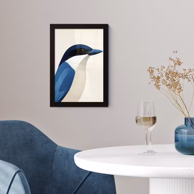 Illustratie - Blauw - Vogel fotolijst zwart zonder passe partout klein -sfeer4