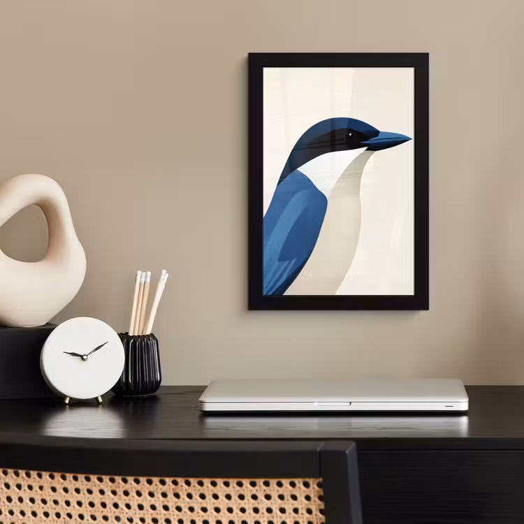 Illustratie - Blauw - Vogel fotolijst zwart zonder passe partout klein -sfeer1