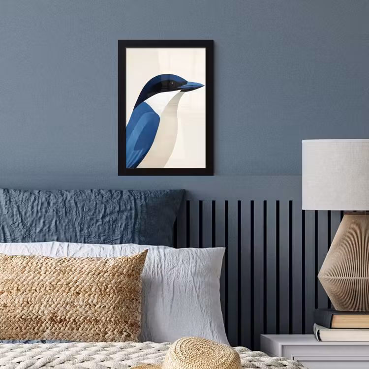 Illustratie - Blauw - Vogel fotolijst zwart zonder passe partout klein -sfeer3