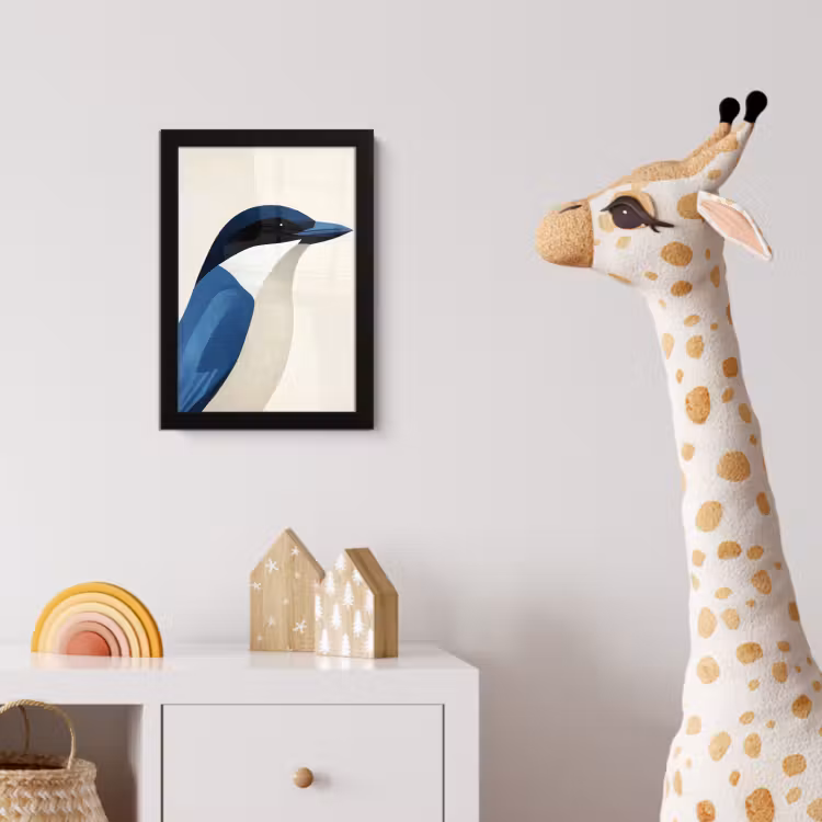 Illustratie - Blauw - Vogel fotolijst zwart zonder passe partout klein -usfeer4_kinderkamer