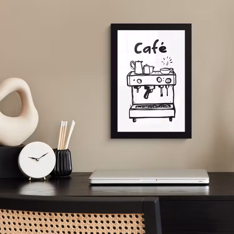 Illustratie - Café - Koffiemachine - Kopjes fotolijst zwart zonder passe partout klein -sfeer1
