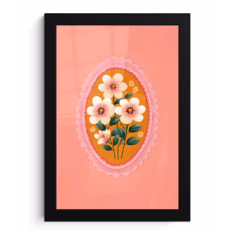 Illustratie - Bloemen - Rand - Roze fotolijst zwart zonder passe partout klein -3d