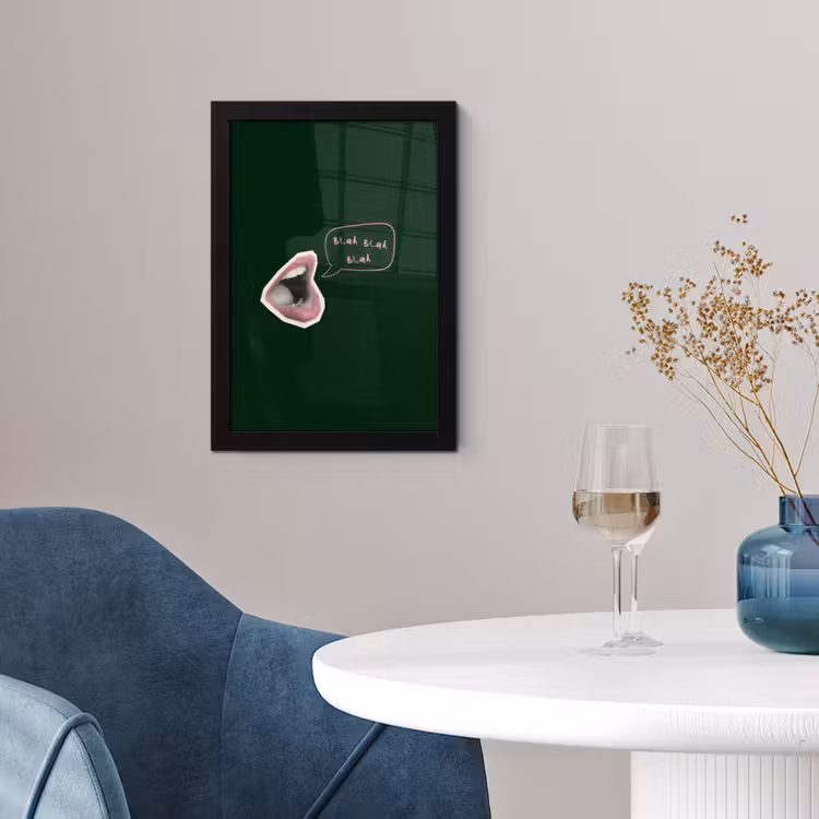 Illustratie - Mond - Donkergroen - Tekstwolkje fotolijst zwart zonder passe partout klein -sfeer4