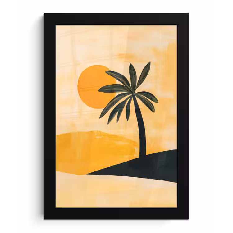 Illustratie - Palmboom - Zon - Heuvels fotolijst zwart zonder passe partout klein -3d