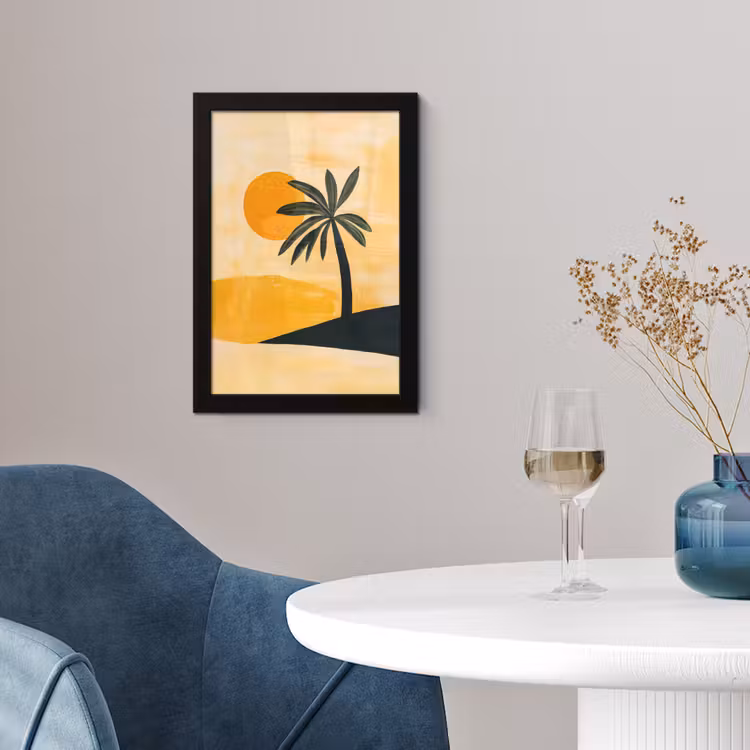 Illustratie - Palmboom - Zon - Heuvels fotolijst zwart zonder passe partout klein -sfeer4