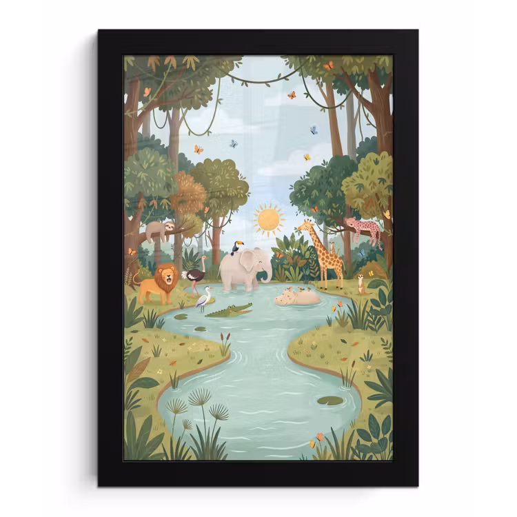 Jungle - Oase - Dieren - Kleurrijk fotolijst zwart zonder passe partout klein -3d