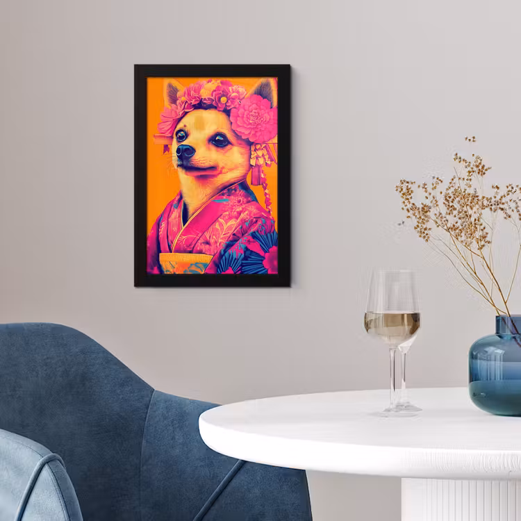 Kimono - Hondje - Bloemenkroon - Oranje fotolijst zwart zonder passe partout klein -sfeer4