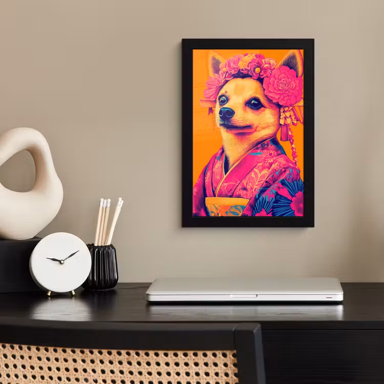 Kimono - Hondje - Bloemenkroon - Oranje fotolijst zwart zonder passe partout klein -sfeer1