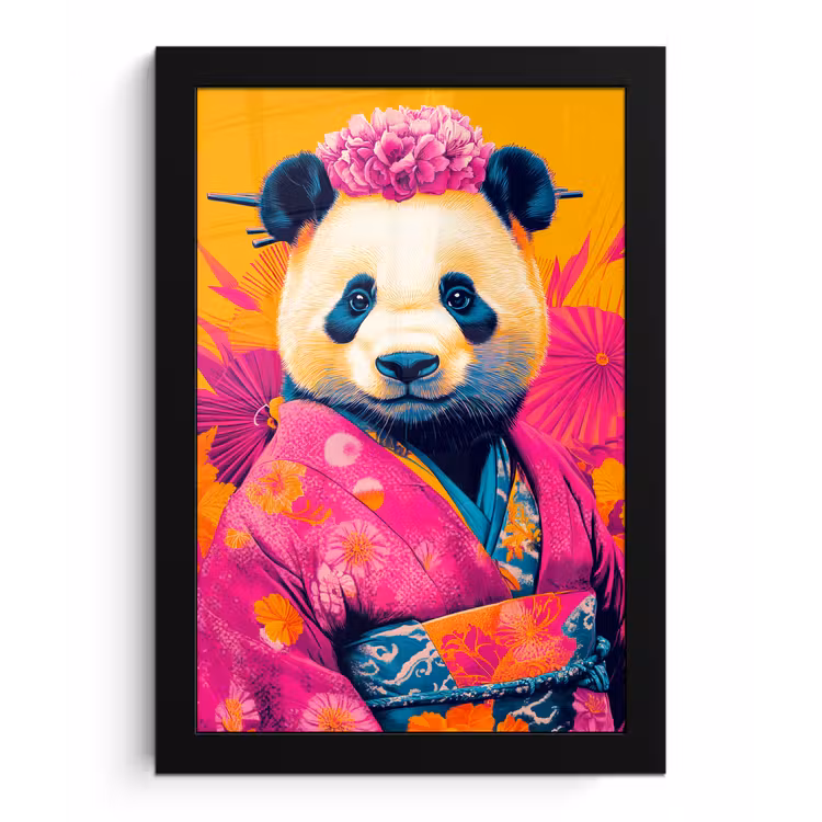 Kimono - Roze - Panda - Bloemenkroon fotolijst zwart zonder passe partout klein -3d