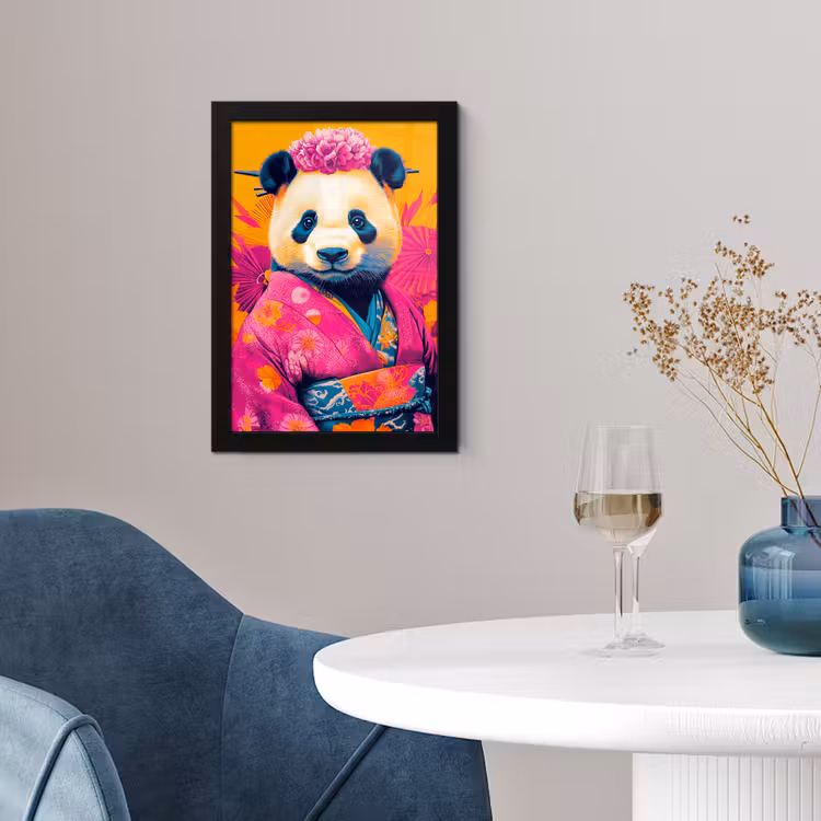 Kimono - Roze - Panda - Bloemenkroon fotolijst zwart zonder passe partout klein -sfeer4