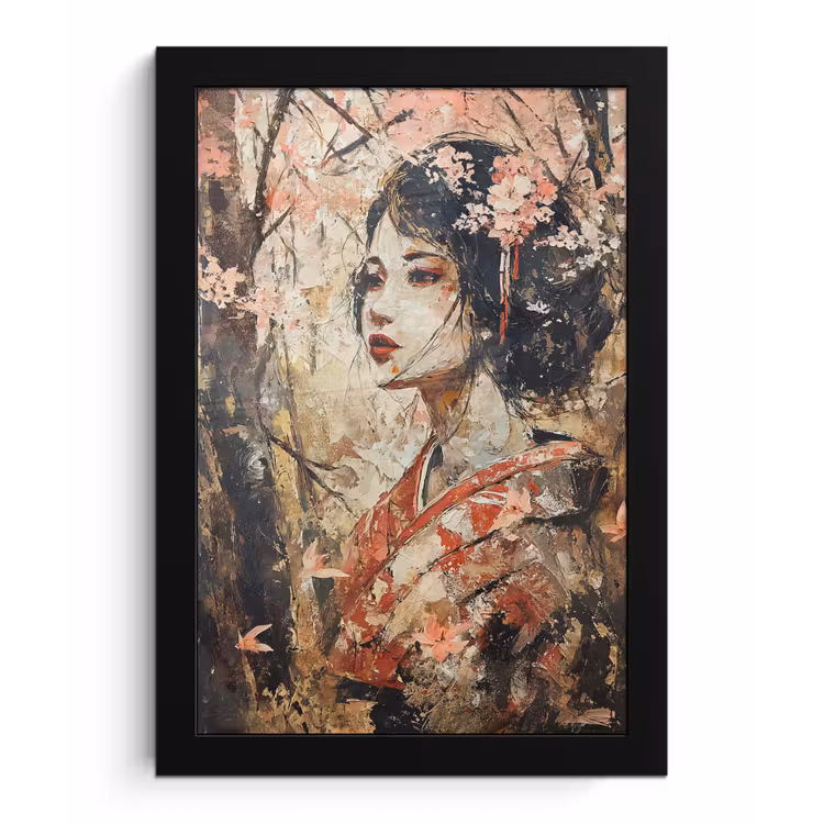 Kimono - Vrouw - kersenbomen fotolijst zwart zonder passe partout klein -3d