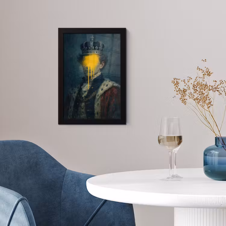 Koning - Portret - Druipende gele verf fotolijst zwart zonder passe partout klein -sfeer4