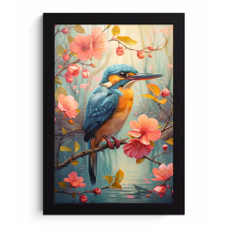 IJsvogel - Bloesem - Natuur - Vogels - Bloemen fotolijst zwart zonder passe partout klein -3d