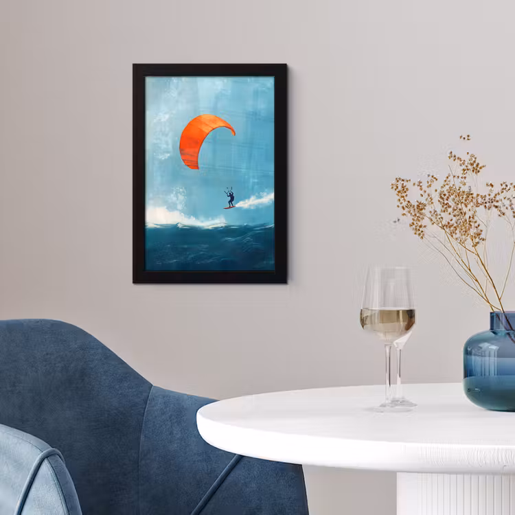Kitesurfer - Oranje - Zee - Lucht fotolijst zwart zonder passe partout klein -sfeer4