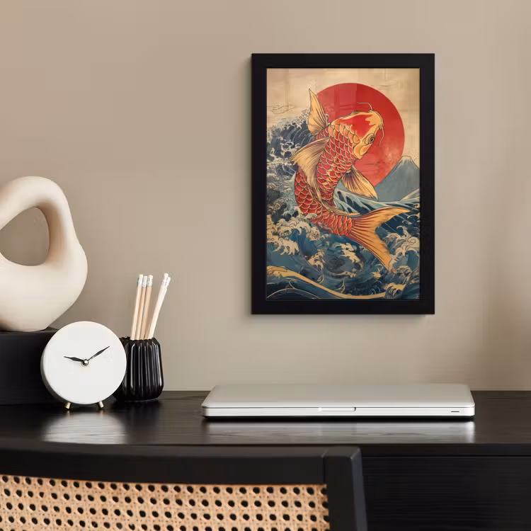 Koi - Zee - Golven - Zon fotolijst zwart zonder passe partout klein -sfeer1
