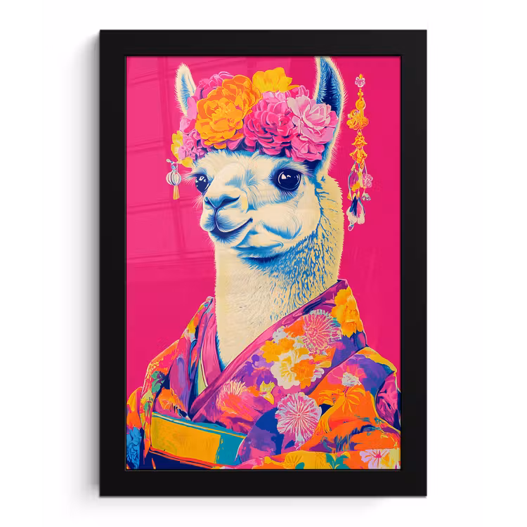 Lama - Kimono - Bloemenkrans - Felroze fotolijst zwart zonder passe partout klein -3d