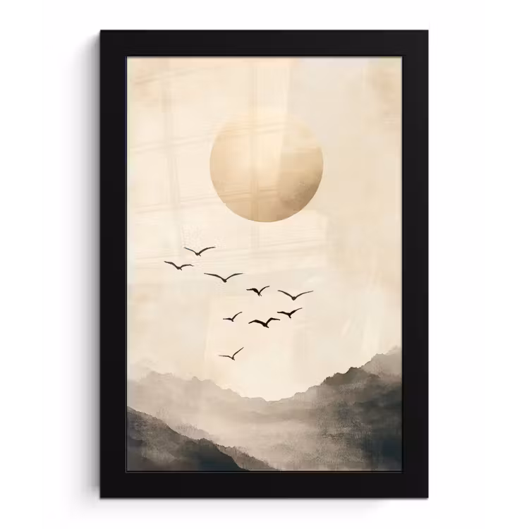 Landschap - Japandi - vogel fotolijst zwart zonder passe partout klein -3d