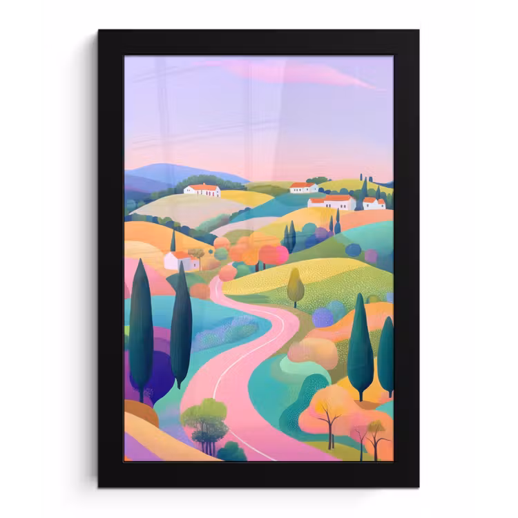 Landschap - Paars - Pastel - Huizen fotolijst zwart zonder passe partout klein -3d