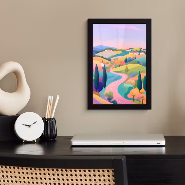 Landschap - Paars - Pastel - Huizen fotolijst zwart zonder passe partout klein -sfeer1