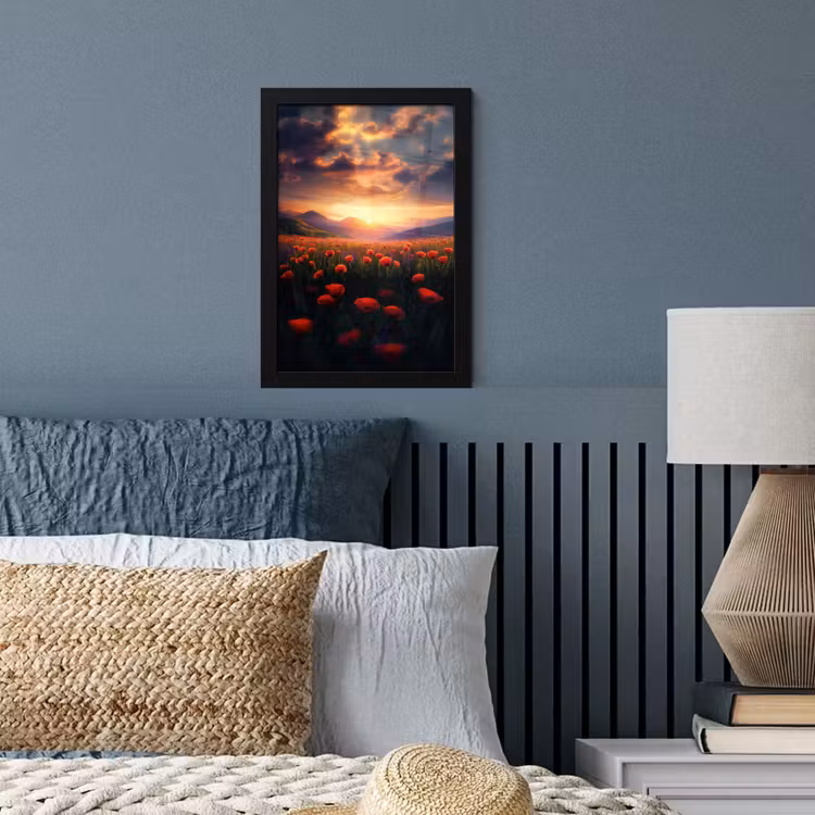Landschap - Zonsondergang - Bloemenveld fotolijst zwart zonder passe partout klein -sfeer3