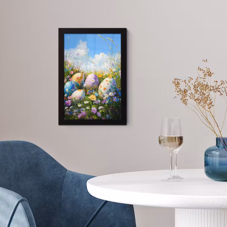 Grasveld - Eieren - Bloemen fotolijst zwart zonder passe partout klein -sfeer4