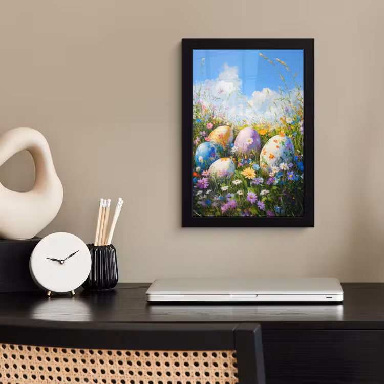Grasveld - Eieren - Bloemen fotolijst zwart zonder passe partout klein -sfeer1