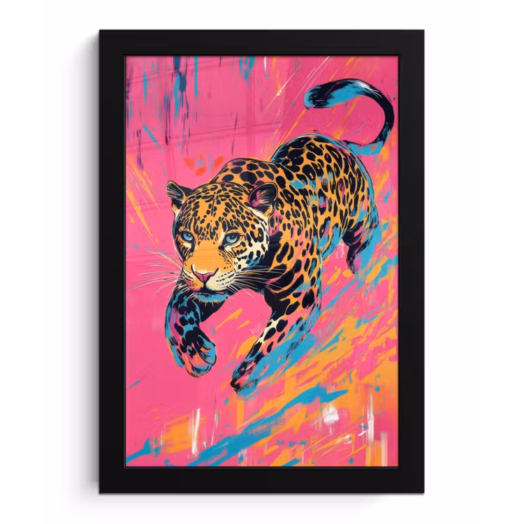Luipaard - Roze - Oranje - Blauw - Verf fotolijst zwart zonder passe partout klein -3d